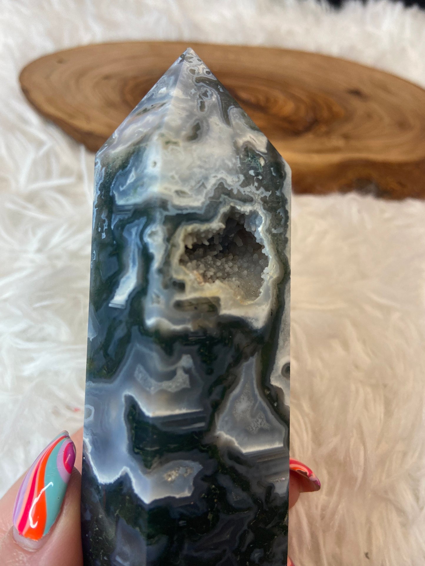 Moss Agate Tower with Druzy Pocket