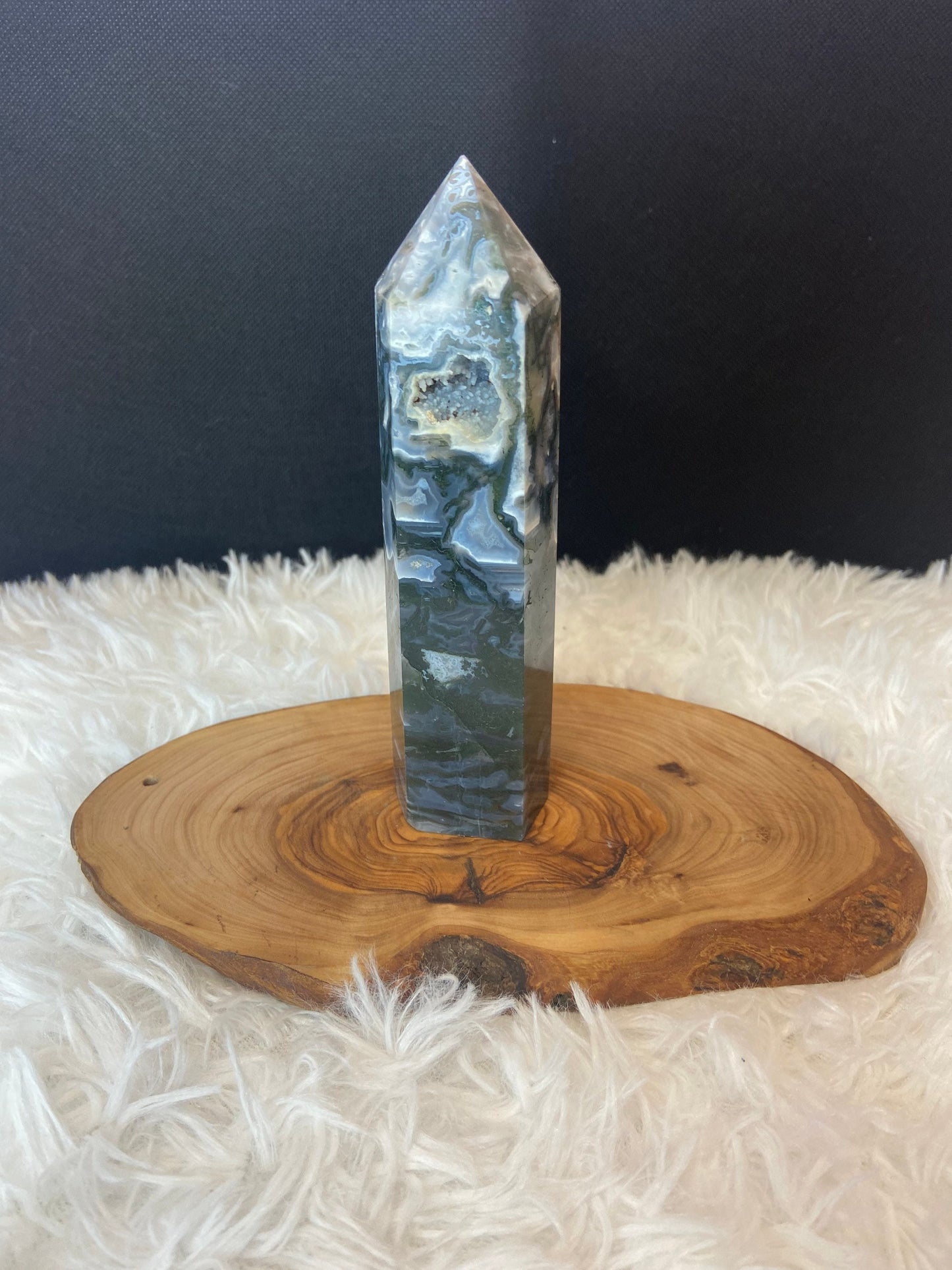 Moss Agate Tower with Druzy Pocket