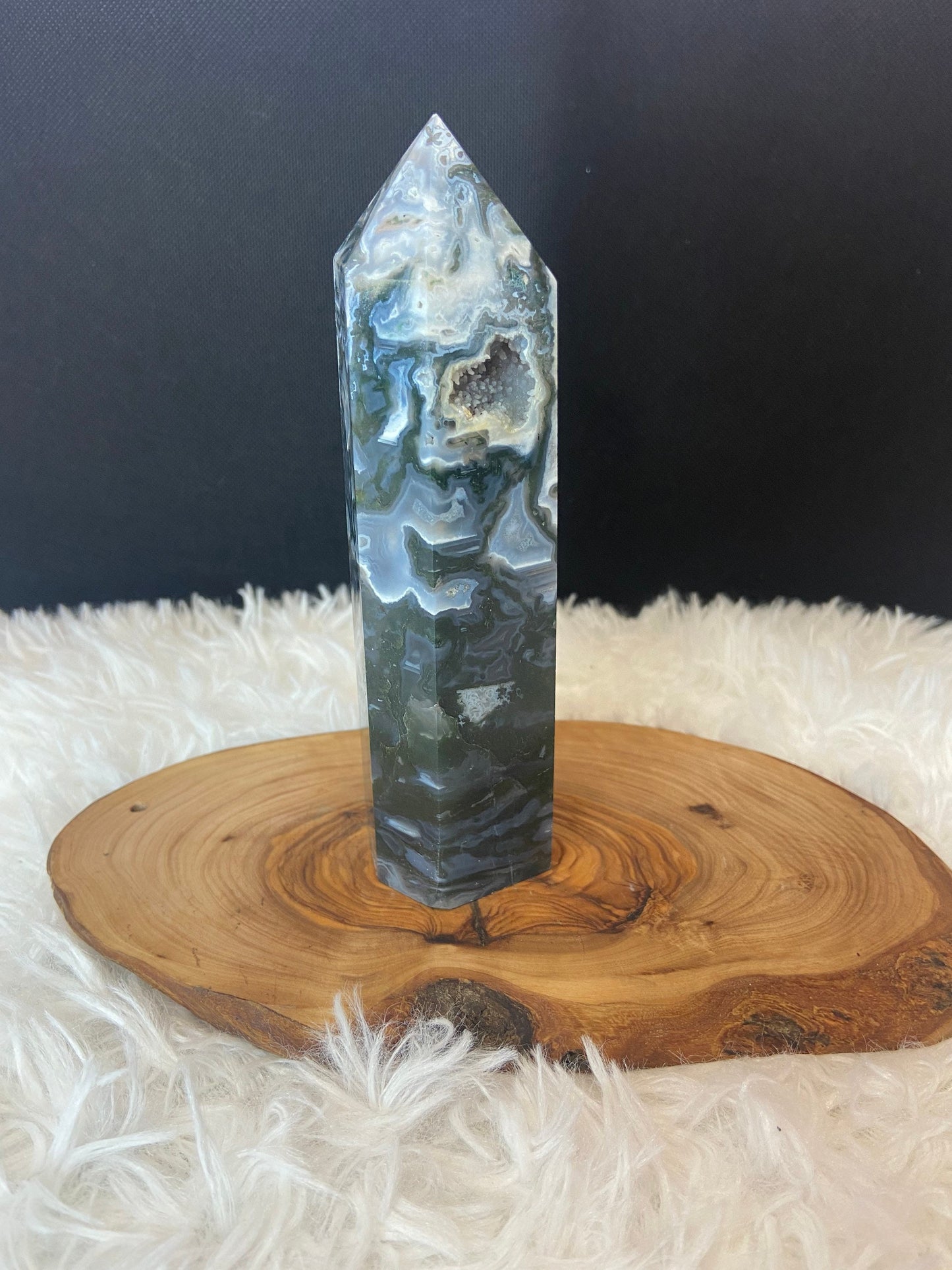 Moss Agate Tower with Druzy Pocket