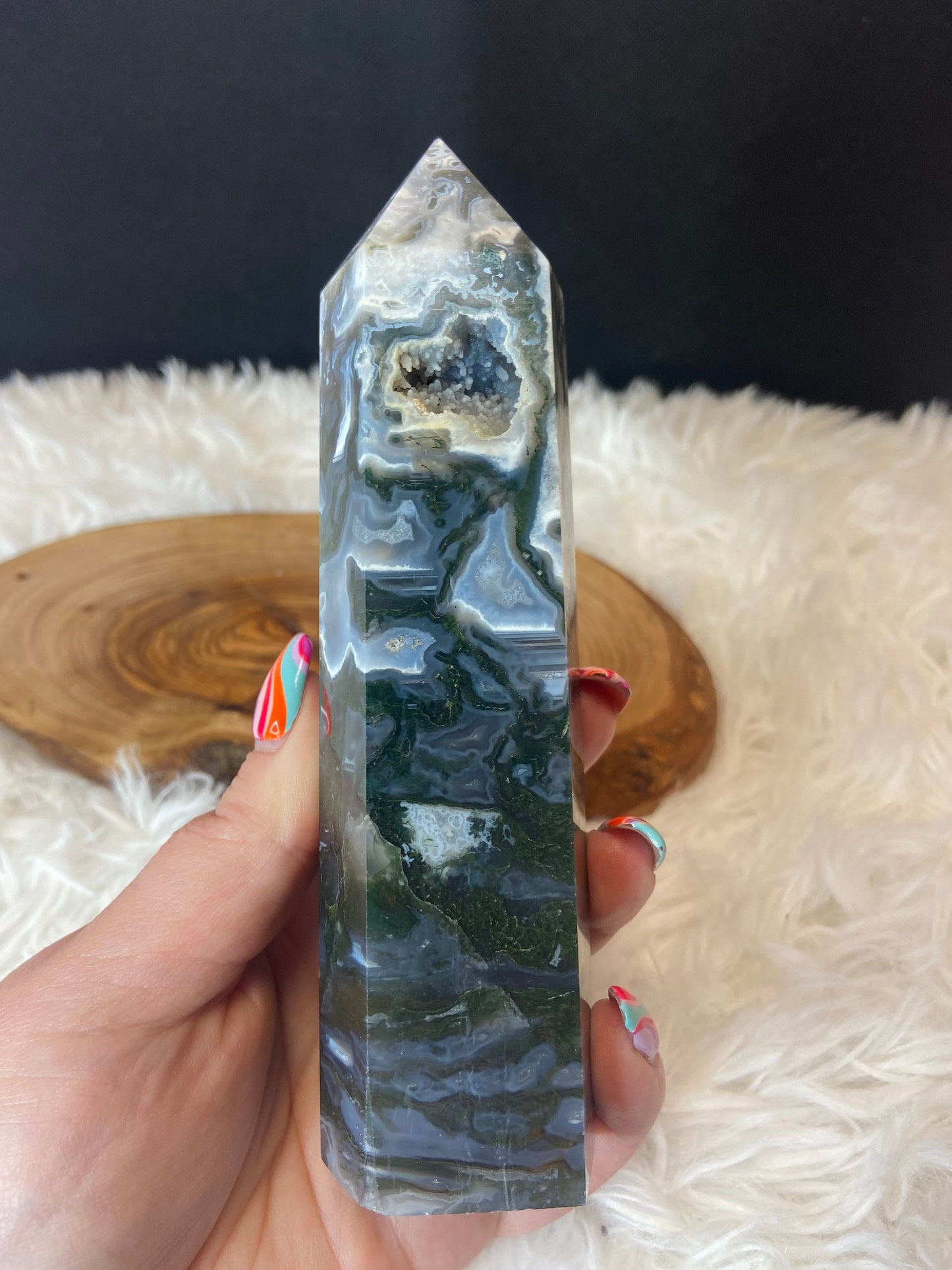 Moss Agate Tower with Druzy Pocket