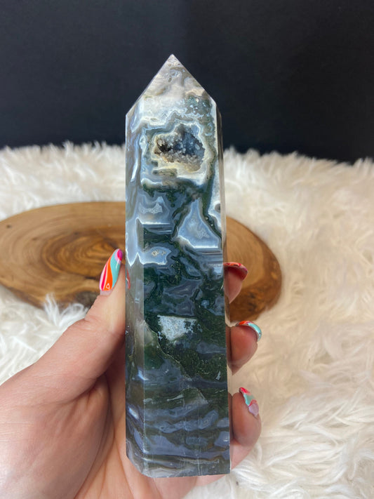 Moss Agate Tower with Druzy Pocket