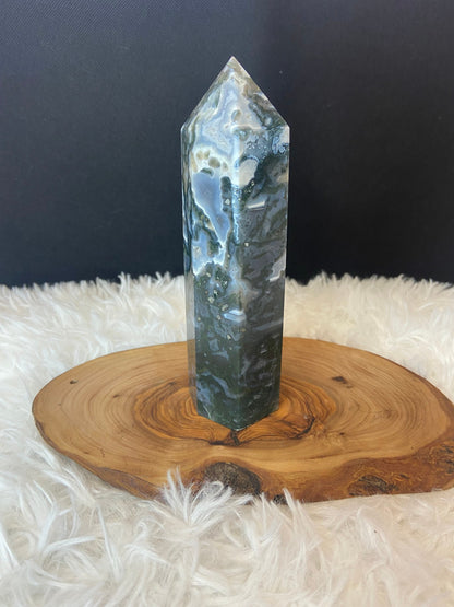 Moss Agate Tower with Druzy Pocket
