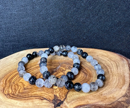 Black Tourmaline in Quartz Bead Bracelet | 8mm