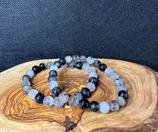 Black Tourmaline in Quartz Bead Bracelet | 8mm