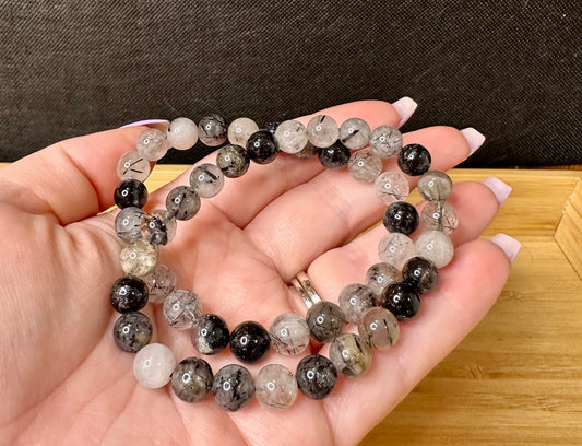 Black Tourmaline in Quartz Bead Bracelet | 8mm