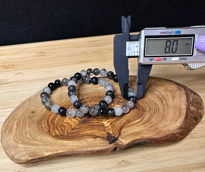 Black Tourmaline in Quartz Bead Bracelet | 8mm